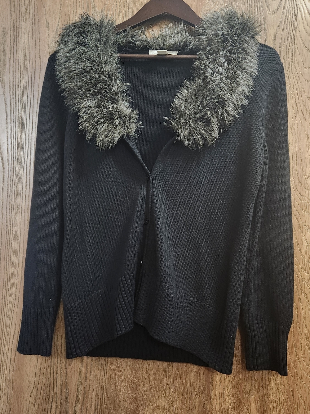 Coldwater Creek Black Knit Cardigan with Faux Fur Collar